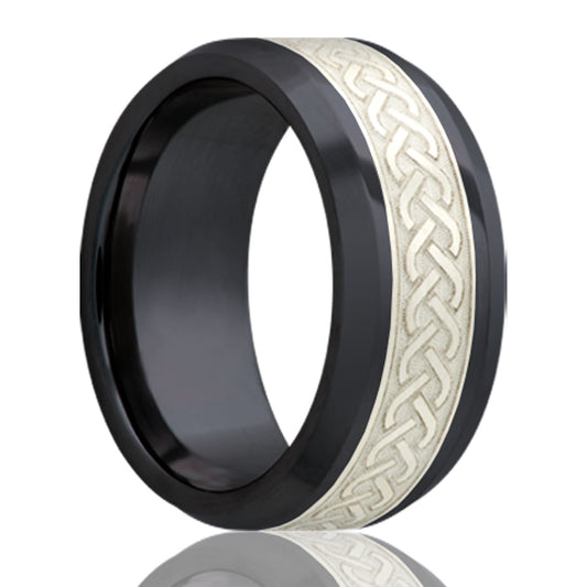 Zirconium Comfort Fit Ring with Engraved Silver